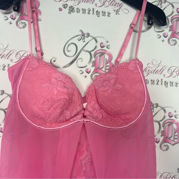 Silk & satin babydoll bling rhinestone pink chemise bustier nighty dress y2k - Picture 5 of 7